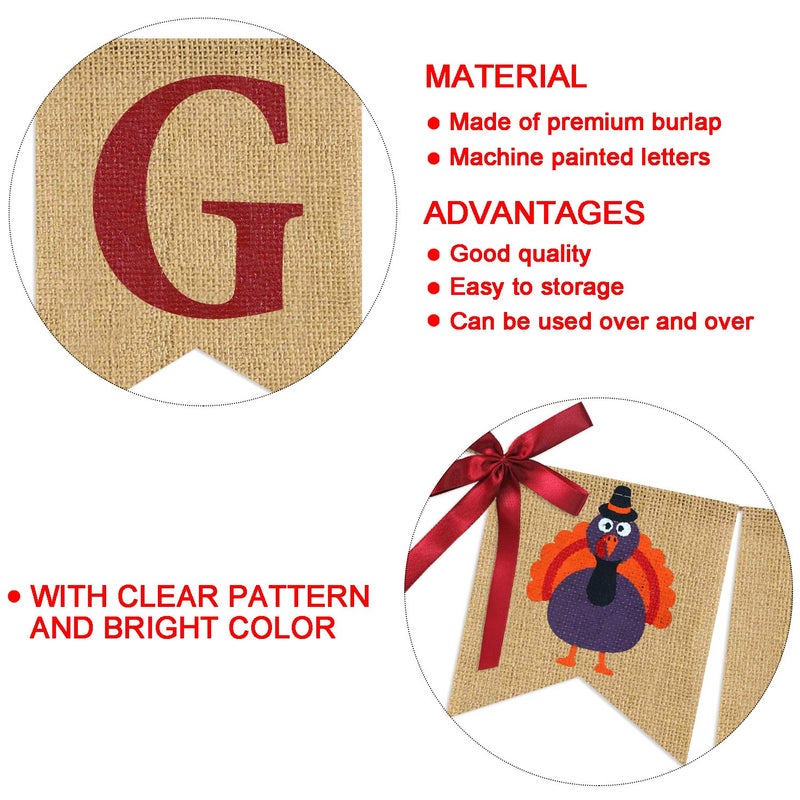 Partyprops Friendsgiving Banner Burlap | Thanksgiving Decorations | Thanks Giving Burlap Banner | Rustic Friends Giving Turkey Pumpkin Bunting for Thanksgiving Party Supplies Fireplace Mantle Decor - Image 4